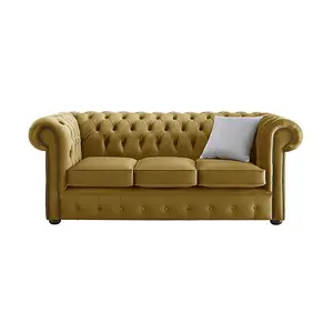 Chesterfield 3 Seater Malta Gold Velvet Fabric Sofa In Classic Style