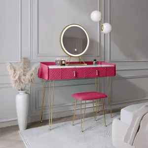 Tokyo Glow Raspberry Velvet Dressing Table with LED Touch Sensor Mirror