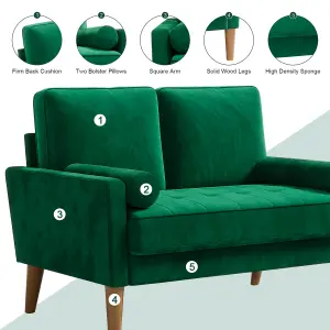 121CM Velvet Love Seat Green Couch with 2 Pillows