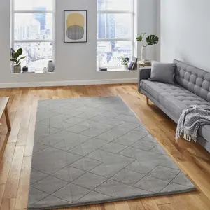 Grey Chequered , Geometric Luxurious , Modern , Plain , Wool Easy to Clean Rug for Bedroom, Living Room - 120cm X 170cm