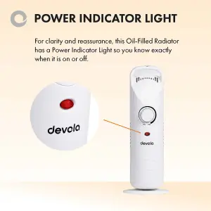 Devola Mini Oil Filled Radiator 800W 9 Fin White Adjustable Electric Heating