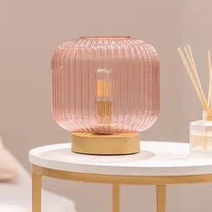 ValueLights Monroe Blush Pink Ribbed Glass Portable Cordless Battery Powered Table Lamp Bedside Light