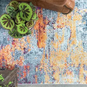 Navy Blue Ochre Multicolour Distressed Abstract Area Rug 80x150cm