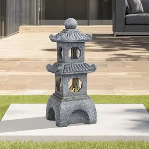 Grey Tiered Pagoda Resin Garden Fountain Water Feature LED Lighted with Solar Panel