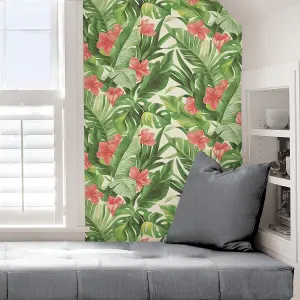 NuWallpaper NU2926 Tropical Paradise Peel & Stick Wallpaper, Green & Pink