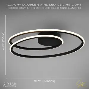 Modern Double Swirl Strip LED Flush Ceiling Light Fitting in Sleek Matte Black