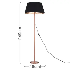 ValueLights Modern Standard Floor Lamp In Copper Metal Finish With Black/Copper Geometric Shade - With LED GLS Bulb in Warm White