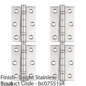 4 PACK - PAIR Grade 7 Heavy Duty Ball Bearing Hinge - 76 x 51mm Bright Stainless Steel