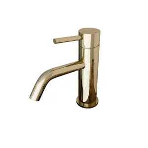 Nes Home Deck Mounted Gloss Round Single Lever Basin Mono Mixer Tap Gold + Slotted Brushed Brass Waste