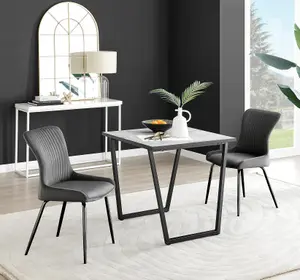 Furniturebox UK Carson White Marble Effect Square Dining Table & 2 Dark Grey Nora Black Leg Chairs