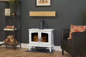 Adam Oak Beam, Hearth & Stove Pipe with Woodhouse Stove in White