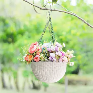 3Pcs White Decorative Hanging Round Plastic Plant Pot Set with Drainage Holes and Chains