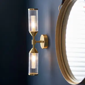 Satin Brass Twin Wall Light & Ribbed Glass Shades - Frosted Glass Inner Defusers