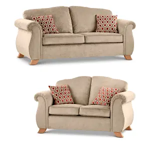 Fairhurst Soft Textured Scroll Arm Mink Fabric 3 + 2 Sofa Suite