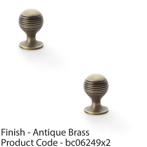 2 PACK - Reeded Ball Door Knob - 25mm Diameter Antique Brass Lined Cupboard Pull Handle