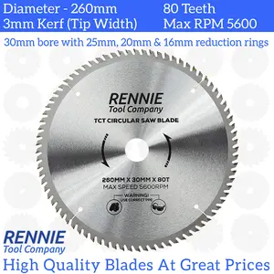 260mm x 80T TCT Circular Wood Saw Blade. Fits Festool Bosch Makita Dewalt Circular Saws Etc