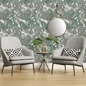 Galerie Escape Cream, Green, Grey Leaf Trail Smooth Wallpaper