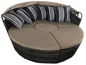 Furniture One Rattan Effect Grey 5 PCs Outdoor Rattan Lounge Chair Round Daybed Table Set with Cushion