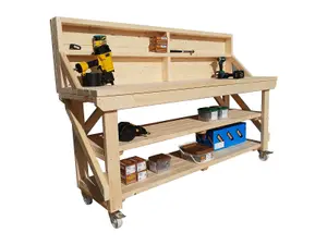 Acorn workbench, kiln-dry work station (H-90cm, D-64cm, L-150cm) with back panel, double shelf and wheels