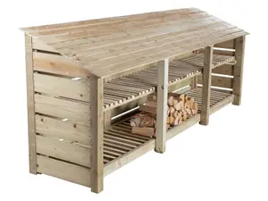 Slatted wooden log store with kindling shelf W-335cm, H-126cm, D-88cm - natural (light green) finish