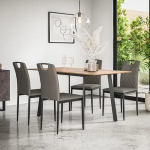 Haydon Extending Dining Table And Chairs -  Oak Effect Table Top w Black Legs + Monza Faux Leather Dining Chair Set Of 4 (Grey)