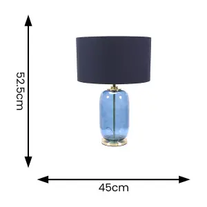 ValueLights Leigh Navy Blue Glass and Gold Detail Table Lamp with Drum Shade