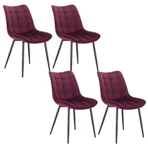 Set Of 4 Dining Room Chairs Kitchen Chair Cushioned Chair Design Chair With Backrests With Fabric Seat And Metal Frame Maroon