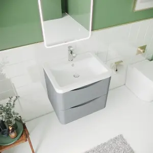 Wall Hung 2 Drawer Vanity Basin Unit with Polymarble Basin, 600mm - Satin Grey