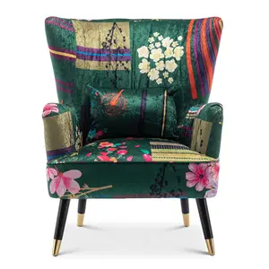 Fabric Green Patchwork Victoria Accent Wingback Chair with Footstool