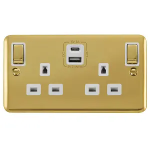 Curved Polished Brass 2 Gang 13A DP Ingot Type A & C USB Twin Double Switched Plug Socket - White Trim - SE Home