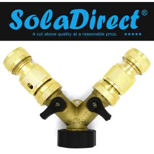 2 Way Garden Tap Connector, Brass Garden Hose Tap Y Splitter Connector with Individual On/Off Valves and 2 Matching Connectors