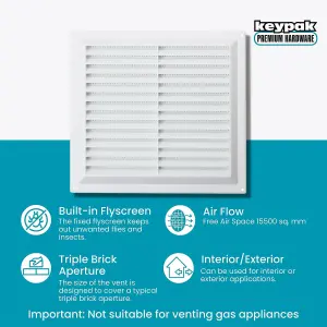 Map Plastic Louvre Air Vent with Flyscreen, Openings 9" x 9" (229mm x 229mm), Triple Brick Wall Grille Cover, White