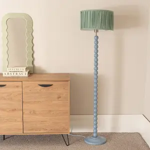 ValueLights Bobbins Powder Blue Floor Lamp with Ruched Pleated Green Drum Shade and LED Bulb