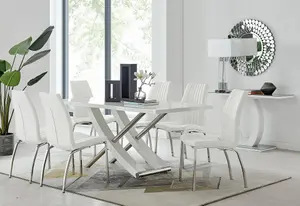 Furniturebox UK 6 Seater Dining Set - Mayfair High Gloss White Chrome Dining Table and Chairs - 6 White Faux Leather Isco Chairs