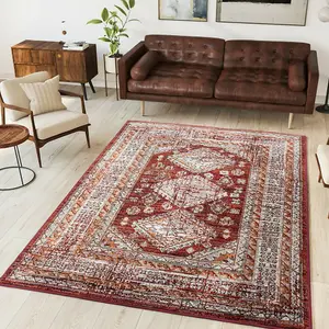 Red Terracotta Bordered Traditional Medallion Living Room Rug 160x230cm