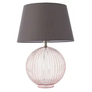 Table Lamp Dusky Pink Ribbed Glass & Charcoal Grey Cotton 40W E27 GLS