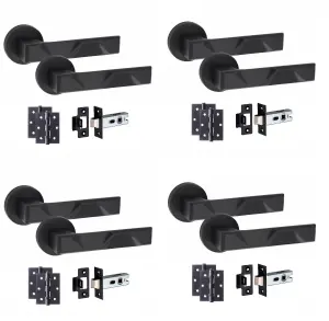 4 Pair Modern Nova Design Matt Black Premium Door Handles Round Rose 3" Ball Bearing Hinges and 2.5" Tubular Latch - Golden Grace