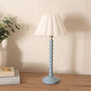 ValueLights Bobbins Powder Blue Table Lamp with White Scallop Tapered Lamp Shade and LED Bulb