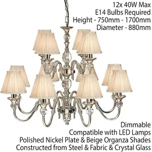 Diana Ceiling Pendant Chandelier Bright Nickel & Beige Pleat Shade 12 Lamp Light