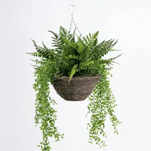 Blooming Artificial 35cm Faux Forest Foliage Hanging Basket - Outdoor Fern Plant