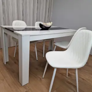 White Black Dining Table Wooden with 4 White Stitched Leather Chairs Set