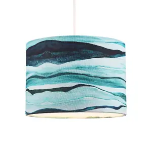 Sea Waves Drum Lamp Shade in Teal Duck Egg and Navy Blue - 25cm Linen Fabric