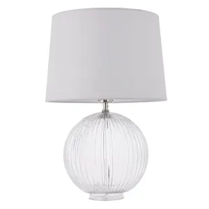 Table Lamp Clear Ribbed Glass & Vintage White Linen 40W E27 Bedside Light