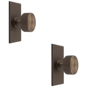 2 PACK - Reeded Radio Cabinet Door Knob & Matching Backplate - Antique Brass 76 x 40mm