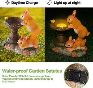 Solar Rabbit Bird Bath Garden Ornaments Outdoor Lights Statue Waterproof Decor