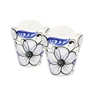 Blue Flowers Hand Painted Set of 2 Outdoor Garden Hanging Plant Pots (D) 22cm