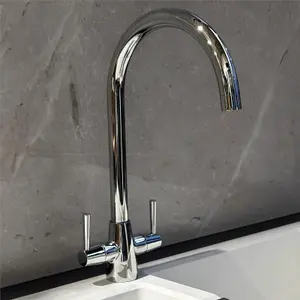 Liquida LU407CH Swivel Spout Swan Neck Twin Lever Chrome Kitchen Mixer Tap