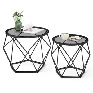 Alieya Round Coffee Tables, Set Of 2 Side Tables, Modern Style, Removable Tabletop, Steel Frame, For Living Room,Transparent-Cloud Black