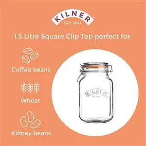 Kilner 1.5 Litre Square Clip Top Jar, Clear, Glass