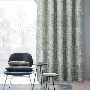 Keswick Green Woven Leaf 3" Pencil Pleat Curtains